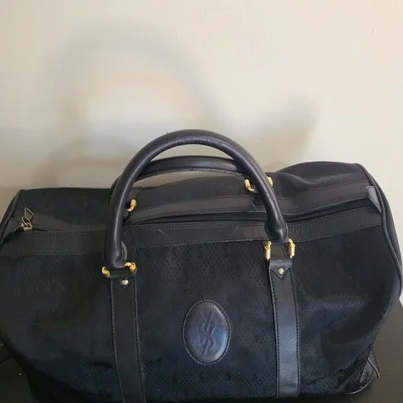 Yves Saint Laurent YSL Travel Bag Black Canvas Leather Duffle Shoulder Bag - Picture 11 of 12